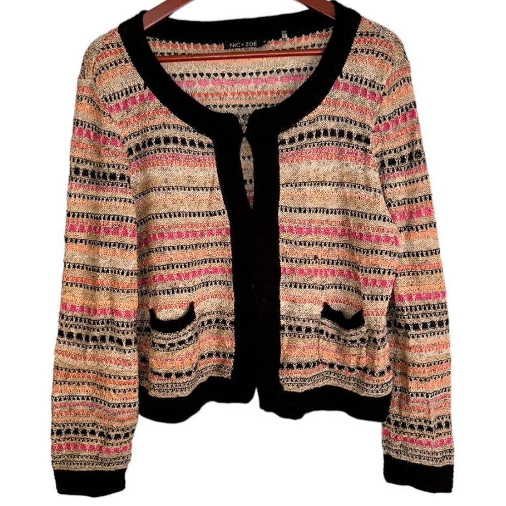 NIC + ZOE Womens XL Multicolored Open Knit Boho Linen Blend Sweater Cardigan